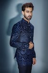 Chatenya Mittal_Blue Bandhgala Velvet Embroidered Sequins Bandhagla And Pant Set_Online_at_Aza_Fashions