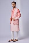 Shop_Chatenya Mittal_Pink Bundi  Silk Blend Printed Floral Jaal Jacket And Kurta Set For Kids_at_Aza_Fashions