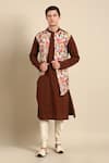 Mayank Modi - Men_Brown Cotton Printed Floral Colorblock Kurta Set _at_Aza_Fashions