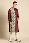 Shop_Mayank Modi - Men_Blue Silk Muslin Printed Floral Colorblock Kurta Set _Online_at_Aza_Fashions