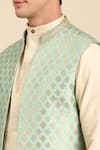 Mayank Modi - Men_Green Banaras Silk Jacquard Woven Geometric Nehru Jacket_Online_at_Aza_Fashions