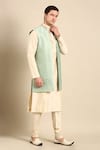 Shop_Mayank Modi - Men_Green Banaras Silk Jacquard Woven Geometric Nehru Jacket_Online_at_Aza_Fashions