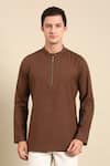 Mayank Modi - Men_Brown Malai Cotton Plain Full Sleeve Solid Short Kurta _Online_at_Aza_Fashions