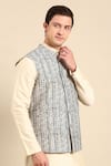 Mayank Modi - Men_Blue Muslin Digital Printed Leaf Nehru Jacket _at_Aza_Fashions