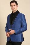Shop_Mayank Modi - Men_Blue Silk Linen Textured Lapel Collar Blazer_Online_at_Aza_Fashions