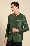 Shop_Mayank Modi - Men_Green Kota Chanderi Textured Bandhgala_Online_at_Aza_Fashions