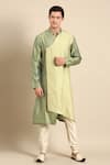 Shop_Mayank Modi - Men_Green Silk Jacquard Overlap Kurta And Churidar Set _Online_at_Aza_Fashions