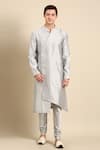 Buy_Mayank Modi - Men_Grey Silk Jacquard Asymmetric Overlap Kurta Set_at_Aza_Fashions
