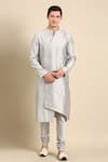 Shop_Mayank Modi - Men_Grey Silk Jacquard Asymmetric Overlap Kurta Set_Online_at_Aza_Fashions
