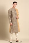 Shop_Mayank Modi - Men_Brown Silk Chanderi Printed Floral Colorblocked Kurta Set_Online_at_Aza_Fashions