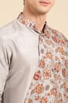 Mayank Modi - Men_Silver Muslin Printed Floral Overlap Kurta Set _Online_at_Aza_Fashions