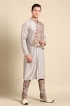 Shop_Mayank Modi - Men_Silver Muslin Printed Floral Overlap Kurta Set _Online_at_Aza_Fashions