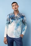 Rohit Gandhi + Rahul Khanna Blue Chanderi Tropical Print Shirt Online at Aza Fashions Rohit Gandhi + Rahul Khanna_Blue Chanderi Tropical Print Shirt _Online_at_Aza_Fashions