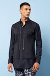 Rohit Gandhi + Rahul Khanna_Blue Cotton Plain Colorblock Shirt _Online_at_Aza_Fashions