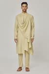 Buy_Aham-Vayam_Beige Cotton Solid Tatvam Utsav Gathered Kurta And Pyjama Set _Online_at_Aza_Fashions