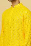 Shop_Aham-Vayam_Yellow Cotton Mirrors Embroidered Kurta And Pyjama Set _at_Aza_Fashions