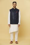 Buy_Aham-Vayam_Blue Cotton Silk Embroidered Sequin Sarkaar Nehru Jacket _Online_at_Aza_Fashions