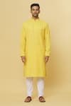 Buy_Aham-Vayam_Yellow Cotton Embroidery Chandrakant Kurta And Pyjama Set _Online_at_Aza_Fashions