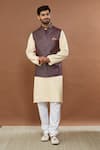 Shop_Aham-Vayam_Wine Cotton Blend Embroidered Sequin Work Nawaab Saab Embellished Nehru Jacket_Online_at_Aza_Fashions