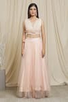 Divya Kanakia Peach Net Pearls Round Neck Embellished Lehenga Set Online at Aza Fashions Divya Kanakia_Peach Net Pearls Round Neck Embellished Lehenga Set _Online_at_Aza_Fashions