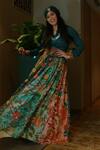 Buy_Shraddha Rambhia_Blue Silk, Satin Embroidery Shawl Neck Shirt And Skirt Set_at_Aza_Fashions