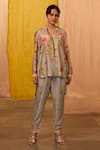 Buy_SHRADDHA RAMBHIA_Grey Slub Silk Printed Floral Mandarin Collar Top And Pant Set _at_Aza_Fashions