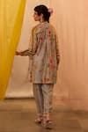 Shop_SHRADDHA RAMBHIA_Grey Slub Silk Printed Floral Mandarin Collar Top And Pant Set _at_Aza_Fashions