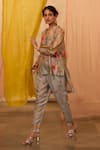 SHRADDHA RAMBHIA_Grey Slub Silk Printed Floral Mandarin Collar Top And Pant Set _Online_at_Aza_Fashions