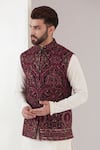 Kasbah_Maroon Georgette Embroidery Kashmiri Nehru Jacket _Online_at_Aza_Fashions