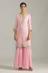 Buy_Priyaa_Pink Georgette, Net Cut Work, Sequins Split Floral Embroidered Kurta Sharara Set _Online_at_Aza_Fashions