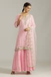 Shop_Priyaa_Pink Georgette, Net Cut Work, Sequins Split Floral Embroidered Kurta Sharara Set _Online_at_Aza_Fashions