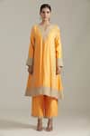 Buy_Priyaa_Yellow Chanderi Silk, Net Sequins, Cut Work Dori Embroidered Kurta Pyjama Set _Online_at_Aza_Fashions