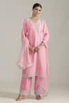 Buy_Priyaa_Pink Organza, Silk Sequins, Cut Work V-neck Foliage Embroidered Kurta Pyjama Set _at_Aza_Fashions