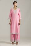 Buy_Priyaa_Pink Organza, Silk Sequins, Cut Work V-neck Foliage Embroidered Kurta Pyjama Set _Online_at_Aza_Fashions