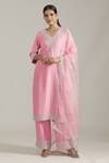 Shop_Priyaa_Pink Organza, Silk Sequins, Cut Work V-neck Foliage Embroidered Kurta Pyjama Set _at_Aza_Fashions