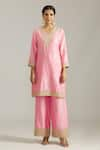 Buy_Priyaa_Pink Summer Silk Embroidered Sequin V Floral Dori Kurta Pyjama Set  _Online_at_Aza_Fashions