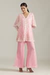 Buy_Priyaa_Pink Net Embroidered Dori V Neck Drape Tunic With Palazzo  _at_Aza_Fashions