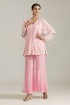 Shop_Priyaa_Pink Net Embroidered Dori V Neck Drape Tunic With Palazzo  _at_Aza_Fashions