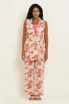 Buy_KUSMI_Cream Handwoven Cotton Print Rosette Lapel Collar Jacket And Pant Set _at_Aza_Fashions