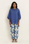 Buy_Kusmi_Blue , Handloom Embroidery Handwoven Shirt With Rosette Print Pant _at_Aza_Fashions