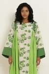 Kusmi_Green Cotton Embroidery Round Neck Rosette Print Dress _Online_at_Aza_Fashions