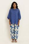 Buy_KUSMI_Blue Cotton Plain Round Collar Puff Sleeve Shirt _at_Aza_Fashions