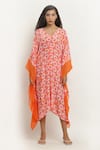 KUSMI_Orange Crepe Print Daisy V Neck Kaftan _Online_at_Aza_Fashions
