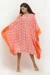 Shop_KUSMI_Orange Crepe Print Daisy V Neck Kaftan _Online_at_Aza_Fashions