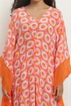 KUSMI_Orange Crepe Print Daisy V Neck Kaftan _at_Aza_Fashions