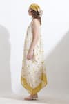 Kusmi_Yellow Crepe Embroidery Crew Neck Rooh Reindeer Print Dress _Online_at_Aza_Fashions