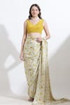 Shop_KUSMI_Yellow Print Reindeer Rooh Saree With Unstitched Blouse Fabric  _Online_at_Aza_Fashions