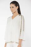 Shop_Rohit Gandhi + Rahul Khanna_White Poly Georgette Embroidered V Neck Glass Beads Top _at_Aza_Fashions