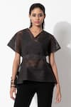 Rohit Gandhi + Rahul Khanna_Black Silk Georgette V Neck Panelled Box Top _Online_at_Aza_Fashions