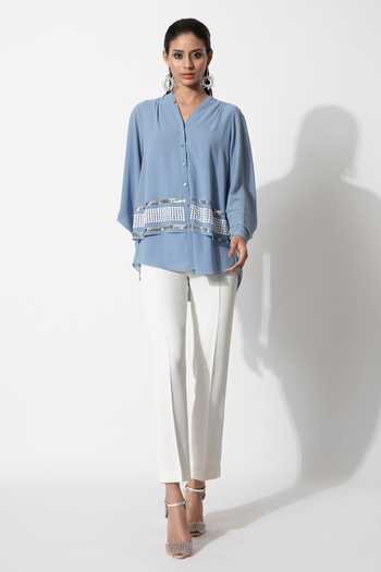 Buy_Rohit Gandhi + Rahul Khanna_Blue Viscose Georgette Embroidered Sequins V Neck Embellished Applique Shirt _at_Aza_Fashions